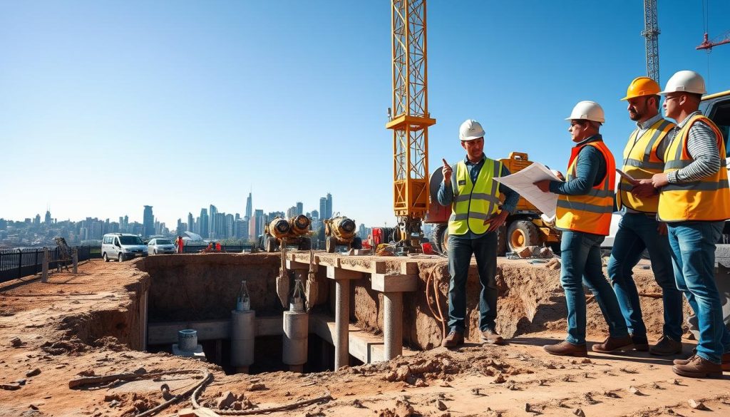 A bustling construction site in Sydney's Eastern Suburbs, featuring workers wearing safety helmets and high-visibility vests engaged in underpinning activities. In the foreground, a team of two professionals examines architectural plans while standing next to a deep excavation site, showcasing robust concrete supports being installed. The middle ground reveals machinery, such as hydraulic jacks and concrete mixers, operational and actively reinforcing the foundation. The background highlights Sydney's skyline, subtly showcasing iconic landmarks like the Sydney Opera House under a clear blue sky. Soft, natural lighting bathes the scene, adding warmth and clarity, while a slight angle from the ground provides a dynamic perspective on the building process, emphasizing safety and compliance in foundation repairs. The overall mood is industrious yet organized, reflecting professionalism and expertise in construction.