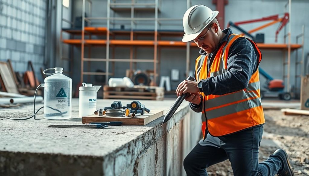 A clean, detailed depiction of a resin injection solution being applied to a concrete foundation. In the foreground, a professional contractor in a hard hat and safety vest is injecting the resin through a nozzle into the cracks of a concrete slab, demonstrating precision and expertise. In the middle ground, various tools related to the process—such as a mixing container and measuring equipment—are neatly arranged on a workbench. The background features a construction site with scaffolding and machinery, illuminated by soft, natural light to create a clear and inviting atmosphere. The focus is sharp on the contractor and the resin application process, emphasizing safety and professionalism within the underpinning solution context.