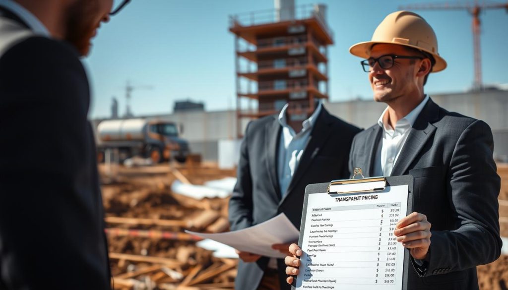 A clear and insightful representation of transparent pricing for foundation repairs, showcasing a detailed breakdown of costs. In the foreground, a sleek clipboard displays a neatly organized price list with categories like materials, labor, and project duration, strategically lit to emphasize its importance. The middle ground features a smiling, professional estimator wearing a well-fitted business suit, engaged in conversation with a customer, pointing to the clipboard while explaining the details. The background consists of a modern construction site in Sydney, with blueprints, foundation work underway, and a clear blue sky, conveying progress and optimism. The lighting is bright and inviting, creating a trustworthy and approachable atmosphere, with a slight depth of field to focus attention on the interaction and pricing details.