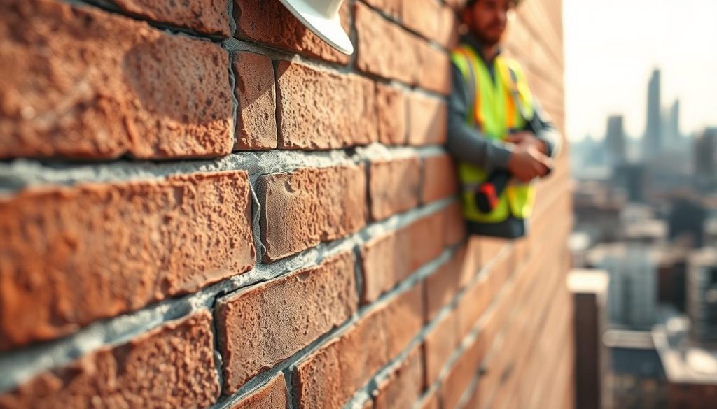 A close-up image showcasing the process of crack stitching in a brick wall. In the foreground, a professional contractor, wearing a safety helmet and a reflective vest, meticulously applies metallic stitching bars into a crack. Tools like a drill and adhesive are visibly placed nearby. The middle ground features a section of a textured brick wall with several noticeable cracks, highlighting the stitching application. Soft, natural lighting creates a warm atmosphere, while the focus is sharp on the contractor's hands at work. In the background, blurred outlines of a cityscape can be seen, lending a sense of context and expertise. The overall mood should inspire confidence and professionalism in masonry repairs.