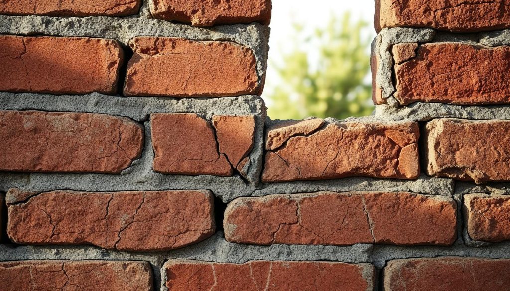 A close-up of a weathered brick wall with visible, intricate cracks showcasing varying depths and widths, emphasizing the need for stitching. The foreground highlights the texture of the cracked mortar and bricks, displaying earthy tones of red, brown, and gray, enriched by subtle shadows. In the middle ground, soft natural light filters from the left, creating a stark contrast between the light and dark areas, enhancing the three-dimensional quality of the wall. The background features a blurred hint of greenery, indicating the resilience of nature against the man-made structure, while maintaining a professional atmosphere. The composition evokes a sense of urgency and importance, highlighting the risks associated with structural damage without any distractions or human elements.