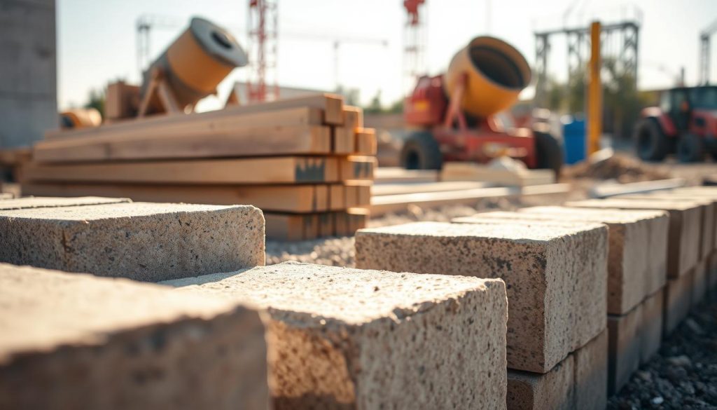 A close-up perspective of various construction materials used in reblocking, featuring a selection of sturdy concrete blocks, wooden beams, and steel reinforcements arranged on a worksite. In the foreground, focus on the texture of the concrete blocks with light reflecting off their surfaces, emphasizing their ruggedness. In the middle ground, include a stack of timber beams and steel bars, complementing the foundational theme. In the background, depict blurred silhouettes of construction machinery and tools like a concrete mixer and a level, adding context of a busy work environment. The lighting is warm and natural, simulating an afternoon sun, creating an inviting yet industrious atmosphere suitable for a professional setting.