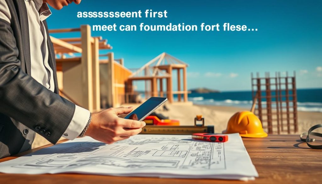 A close-up scene illustrating a professional assessment foundation for repairs. The foreground features an engineer in smart business attire, surveying a blueprints spread out on a table, meticulously examining details with a digital tablet in hand. In the middle ground, construction tools like levelers, measuring tapes, and safety helmets suggest meticulous preparation and safety compliance. The background showcases a partially constructed building site on Sydney's Northern Beaches, with sandy shores visible under a clear blue sky. Warm sunlight bathes the scene, casting soft shadows while creating an inviting atmosphere of diligence and trust. The perspective is slightly angled, emphasizing the focus on assessment first, symbolizing a solid foundation for safe and compliant repairs.