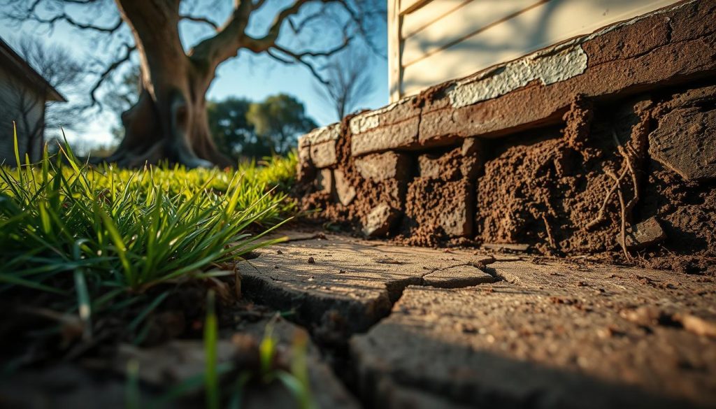 A close-up view of a deteriorating foundation on a Sydney home, focusing on the cracked and uneven ground. In the foreground, show dense patches of grass and soil where the earth has shifted, highlighting signs of subsidence. In the middle ground, include a section of the foundation with visible fissures and peeling paint, showcasing the effects of moisture and age. The background features a tree with roots exposed, indicating potential damage to the foundation from nearby vegetation. The scene is illuminated by warm, natural sunlight casting gentle shadows, creating an atmosphere of urgency and concern. Use a low-angle perspective to emphasize the foundation’s flaws while capturing a clear blue sky above, symbolizing hope for restoration.