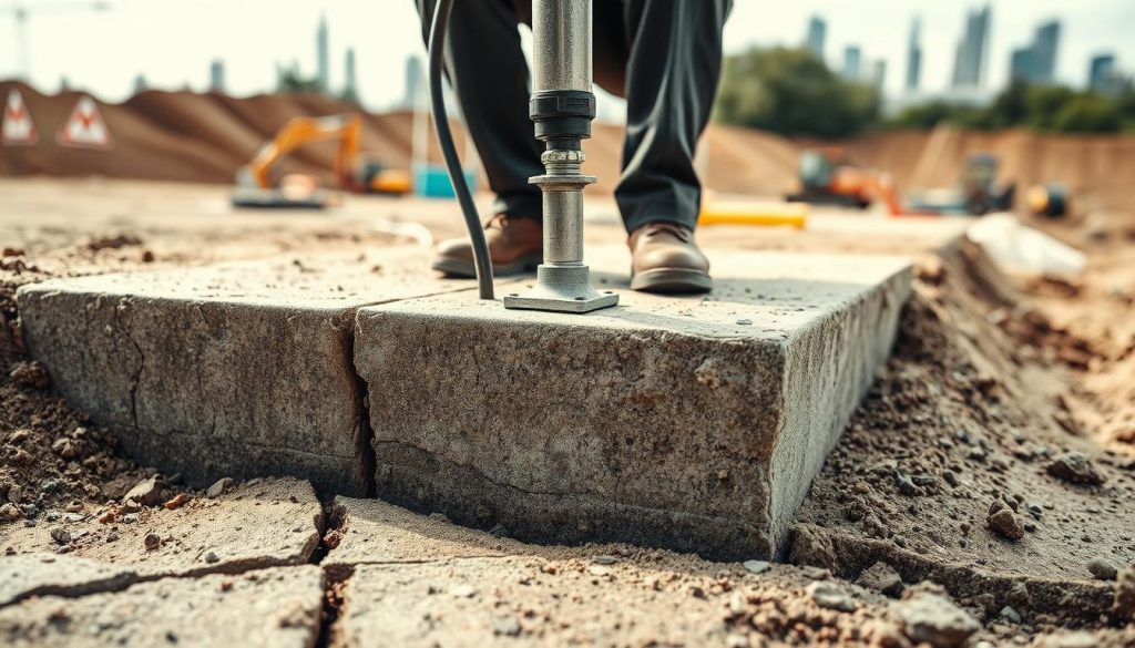 A close-up view of a foundation undergoing resin injection underpinning, showcasing the precise application of a resin material being injected into a cracked concrete base. In the foreground, focus on the sturdy foundation with visible cracks and the resin injection device, featuring a technician in professional business attire, carefully monitoring the process. The middle ground highlights the surrounding excavation site, with tools and equipment neatly arranged, reflecting a neat work environment. The background consists of Sydney’s skyline, hinting at the urban setting. Soft, natural lighting creates an informative yet serious atmosphere, emphasizing the importance of foundation repair while conveying a sense of professionalism. Use a shallow depth of field to keep attention on the resin injection process. A close-up view of a foundation undergoing resin injection underpinning, showcasing the precise application of a resin material being injected into a cracked concrete base. In the foreground, focus on the sturdy foundation with visible cracks and the resin injection device, featuring a technician in professional business attire, carefully monitoring the process. The middle ground highlights the surrounding excavation site, with tools and equipment neatly arranged, reflecting a neat work environment. The background consists of Sydney’s skyline, hinting at the urban setting. Soft, natural lighting creates an informative yet serious atmosphere, emphasizing the importance of foundation repair while conveying a sense of professionalism. Use a shallow depth of field to keep attention on the resin injection process.