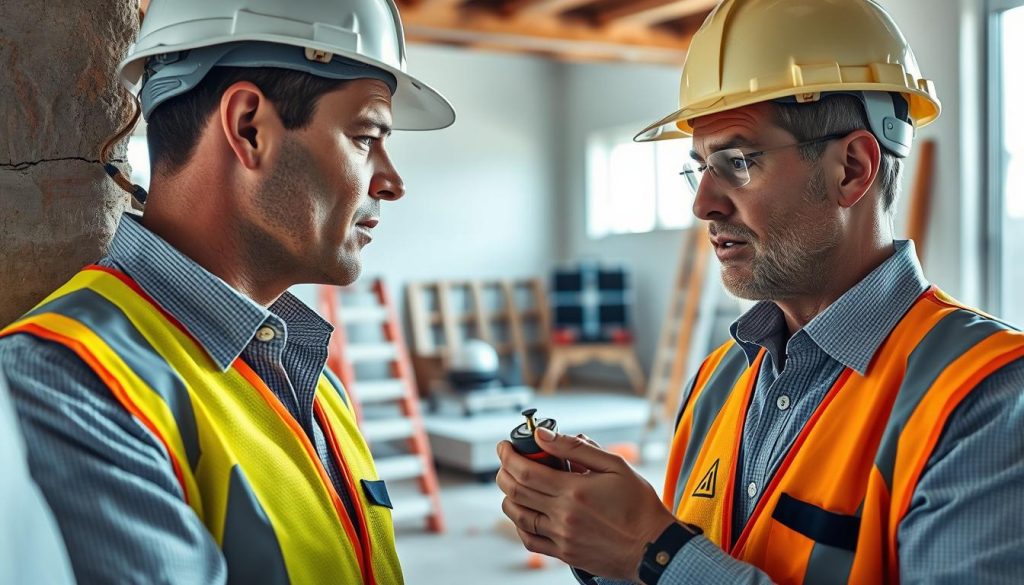 A close-up view of a professional structural engineer examining a wall crack in a residential building, showcasing intricate details of the crack's texture and surrounding structure. The engineer, wearing a hard hat and a safety vest over a collared shirt, is using a measuring tool, highlighting expertise and meticulousness. In the background, a well-lit construction site features safety equipment and materials, creating a sense of active work. Soft, natural lighting illuminates the scene, casting gentle shadows to enhance depth. The overall atmosphere is one of professionalism and confidence, emphasizing the importance of structural preservation and expert intervention in underpinning services.