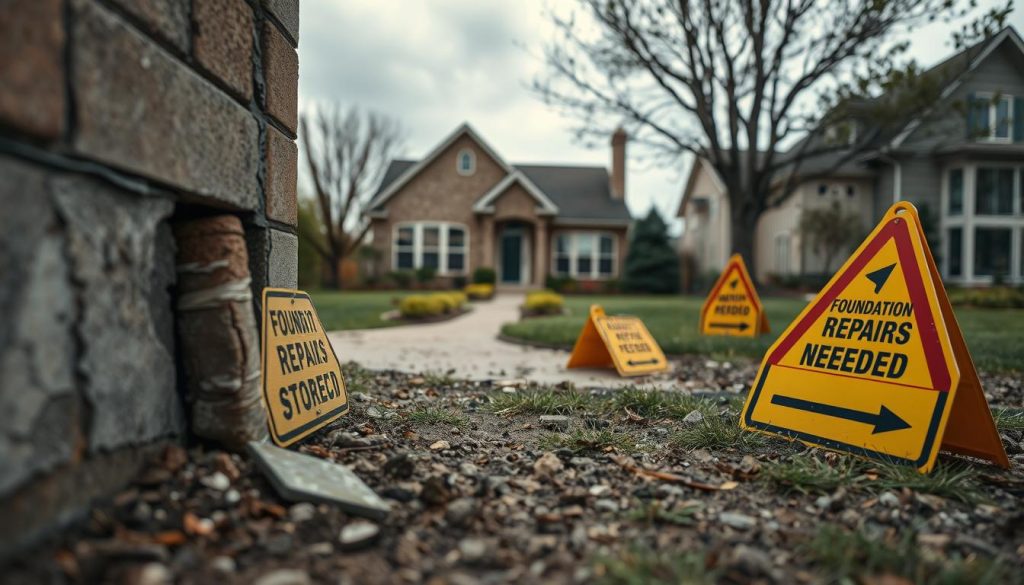 A close-up view of a series of signs indicating potential foundation issues around a home. In the foreground, display a cracked wall with peeling paint and a slight tilt, symbolizing subsidence. Scattered on the ground, show warning signs like a "Foundation Repairs Needed" sign and arrows pointing to problematic areas. In the middle, depict a well-kept suburban home with a well-maintained garden, creating contrast with the signs of distress. The background should have subtle, overcast skies to evoke a feeling of concern. Use soft, diffused lighting to add an air of seriousness to the scene, emphasizing the urgency of foundation repairs. The overall mood should be one of caution and awareness, steering clear of any chaotic elements.