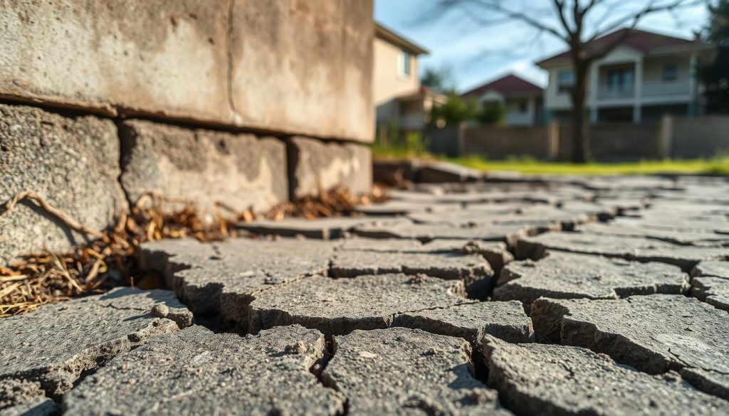 A close-up view of cracked concrete foundations, showcasing a variety of fissures and fractures in gray and earthy tones. In the foreground, the cracks are prominent, displaying varying widths and lengths to accentuate the severity of foundation issues. The middle ground features a weathered wall that partially encapsulates the cracks, with hints of vegetation creeping through the openings. In the background, a blurred silhouette of a residential building in Sydney’s Inner West is visible under soft, natural lighting that highlights the texture of the concrete. The atmosphere is serious and analytical, emphasizing the importance of foundation integrity. The composition should maintain a sharp focus on the cracks while ensuring the surrounding elements provide context without distraction.