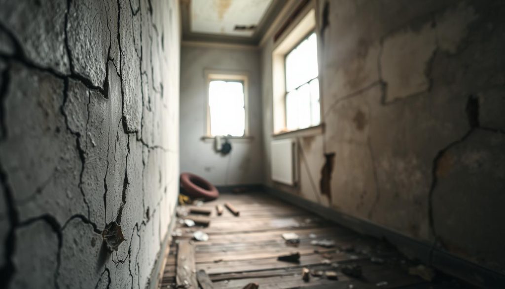 A close-up view of cracked walls inside an old building, showcasing various sizes and shapes of fissures. The foreground features a detailed texture of the cracked plaster, with fragments of paint peeling away, emphasizing the degradation of the structure. In the middle ground, uneven floorboards and scattered debris hint at underlying foundation issues. The background reveals dimly lit corners, adding an atmosphere of neglect and concern. Soft, diffused sunlight filters through a broken window, casting subtle shadows that enhance the sense of deterioration. The mood is serious and urgent, highlighting the importance of prompt foundation repairs. The image should have a focus on realism, with sharp details and a slight depth of field to draw attention to the cracks while keeping the surrounding elements slightly blurred.