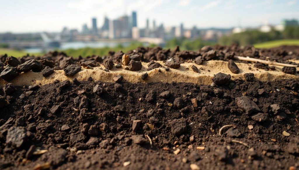 A close-up view of rich, dark soil layered with various textures, showcasing clumps of clay, sands, and organic matter. In the foreground, a cross-section reveals moisture content, small roots, and soil microbes, emphasizing soil health. The middle ground features a subtle gradient of soil types transitioning from sandy to clay-rich areas, with tiny rocks and organic debris scattered throughout. In the background, a blurred landscape of urban Sydney with faint silhouettes of buildings and trees, hinting at environmental influences. Natural, soft, diffused lighting creates a warm and inviting atmosphere, emphasizing the intricate details of the soil. Capture this scene from a low angle, aiming to highlight the depth and complexity of the soil layers.