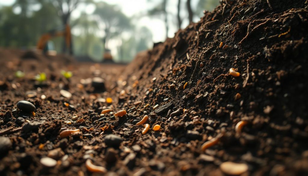 A close-up view of soil showcasing rich, dark brown earth, interspersed with tiny pebbles and organic matter, emphasizing its texture and nutrient content. In the foreground, small roots and earthworms can be seen, illustrating the vital ecosystem within the soil. The middle ground features a slight gradient of soil layers, from topsoil to deeper layers, highlighting different shades and compositions. In the background, faint silhouettes of construction equipment can be seen to symbolize the implications of damage to foundations, along with soft natural light filtering through trees, creating a serene yet serious atmosphere. The image should be captured with a macro lens at a shallow depth of field, focusing clear details while softly blurring the background, conveying the importance of soil assessment in structural integrity.