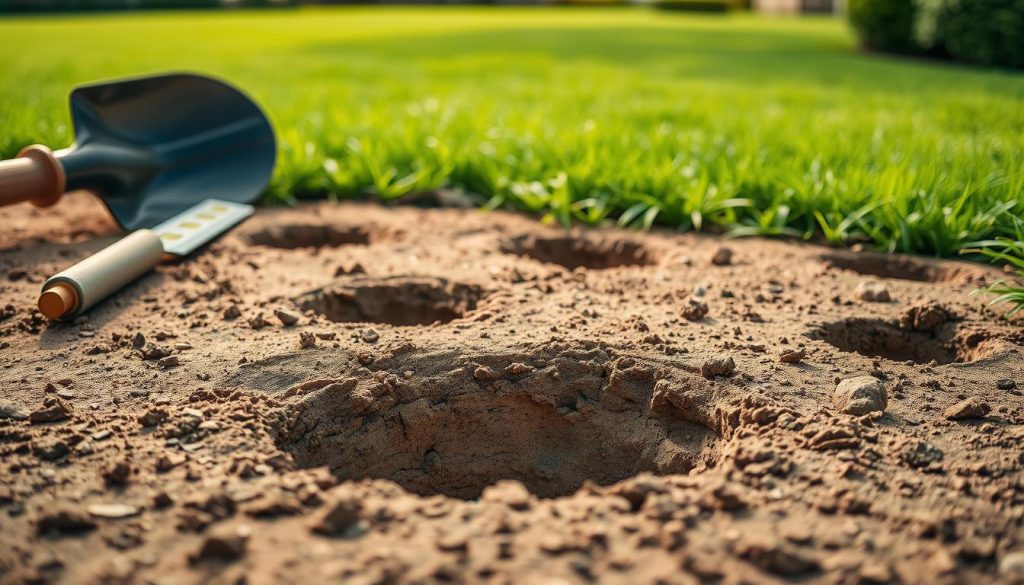 A close-up view of various types of holes in a solid ground surface, illustrating subsidence. In the foreground, display a neatly excavated hole showing a clean edge, surrounded by minimal construction tools like a shovel and a small level. In the middle ground, showcase multiple small holes of different depths, each revealing earth layers and textures, emphasized by even, natural lighting. In the background, depict a well-kept yard with bright green grass, emphasizing the idea of minimal disruption. The atmosphere should be calm and professional, evoking a sense of safety and cleanliness in a suburban setting. Use a slight depth of field to keep the focus on the holes while softly blurring the background. A close-up view of various types of holes in a solid ground surface, illustrating subsidence. In the foreground, display a neatly excavated hole showing a clean edge, surrounded by minimal construction tools like a shovel and a small level. In the middle ground, showcase multiple small holes of different depths, each revealing earth layers and textures, emphasized by even, natural lighting. In the background, depict a well-kept yard with bright green grass, emphasizing the idea of minimal disruption. The atmosphere should be calm and professional, evoking a sense of safety and cleanliness in a suburban setting. Use a slight depth of field to keep the focus on the holes while softly blurring the background.