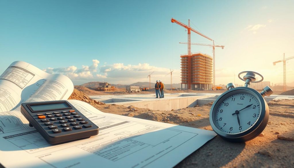 A conceptual illustration depicting timeframes and costs in a structural engineering context, focusing on mass concrete underpinning. In the foreground, a detailed visual of blueprints, a calculator, and a stopwatch representing planning and timing. The middle ground features a construction site with workers in professional, safety attire, assessing a foundation, highlighting teamwork and process. In the background, a partially completed building, cranes, and construction equipment under a clear sky reflecting productivity. Soft, natural light casts gentle shadows, creating a professional atmosphere. The overall mood is one of careful planning and execution, emphasizing organization and efficiency in construction timelines and budgeting.