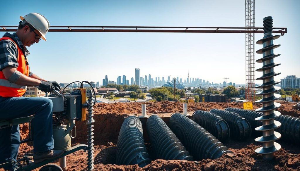 A construction site featuring a screw piling installation in Sydney, showcasing large metal screw piles being drilled into the ground. In the foreground, a skilled worker in professional attire operates a hydraulic pile driver, focused and precise. The middle ground reveals a partially excavated area, exposing the foundation where screw piles are being inserted, with several piles lined up ready for installation. In the background, the iconic Sydney skyline and architectural structures loom under a clear blue sky, the lighting bright and natural, casting soft shadows on the scene. The atmosphere conveys a sense of innovation and stability, highlighting the modern engineering technique of screw piling in contrast to traditional concrete underpinning and resin injection methods. A construction site featuring a screw piling installation in Sydney, showcasing large metal screw piles being drilled into the ground. In the foreground, a skilled worker in professional attire operates a hydraulic pile driver, focused and precise. The middle ground reveals a partially excavated area, exposing the foundation where screw piles are being inserted, with several piles lined up ready for installation. In the background, the iconic Sydney skyline and architectural structures loom under a clear blue sky, the lighting bright and natural, casting soft shadows on the scene. The atmosphere conveys a sense of innovation and stability, highlighting the modern engineering technique of screw piling in contrast to traditional concrete underpinning and resin injection methods.