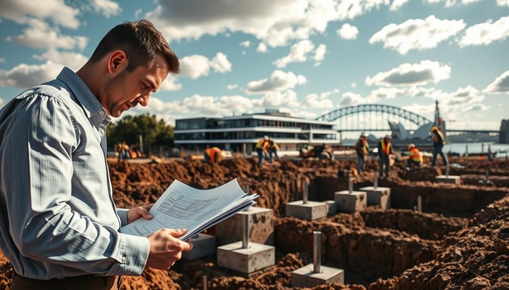 A construction site in Sydney, focusing on a pinning foundation process. In the foreground, a determined engineer in professional attire studies blueprints against a backdrop of partially excavated ground, showcasing details of foundational elements like steel pins and concrete slabs. The middle layer features construction workers, dressed in safety helmets and vests, actively installing anchoring systems with hydraulic machinery and tools. The background presents a low-rise building framed by Sydney's skyline, with the iconic Sydney Opera House and Harbour Bridge in soft focus. Daylight filters through scattered clouds, casting dynamic shadows and highlighting the texture of the soil and construction materials. The mood conveys a sense of diligence and professionalism in ensuring structural integrity and compliance.