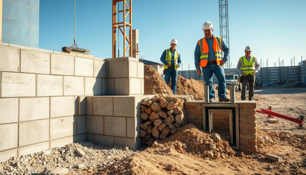 A construction site showcasing the concept of foundation work, highlighting a contrast between underpinning and restumping techniques. In the foreground, a well-structured foundation wall made of concrete, with visible reinforcements, displays the details of underpinning; nearby, a section of an old foundation being lifted and replaced illustrates restumping. Skilled workers in professional attire, wearing hard hats and safety vests, inspect the area, emphasizing safety and compliance. The midground includes tools such as jackhammers and foundation piers, while the background features a clear blue sky, suggesting a bright and productive day. Soft, natural lighting illuminates the scene, creating a hopeful atmosphere of construction and stability, and the composition captures a wide-angle perspective to provide context and depth.