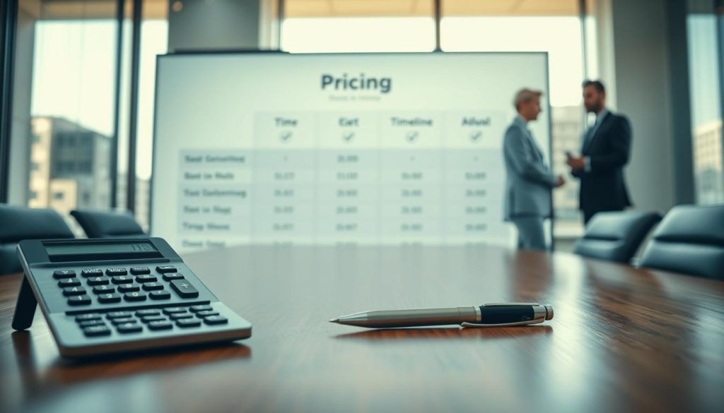 A detailed and modern pricing table displayed on a large, sleek screen in a well-lit conference room, with a focus on metallic textures and crisp lines. In the foreground, a stylized calculator and a pen are placed atop a polished wooden table, suggesting a meticulous approach to budgeting. In the middle, the pricing table shows various tiers with icons representing structural integrity services, highlighting timelines with subtle arrows for clarity. In the background, blurred silhouettes of professionals in business attire engage in discussion, adding to the atmosphere of collaboration and planning. Soft natural light filters through large windows, creating a warm, focused mood, while the lens captures the scene from a slight angle to enhance depth.