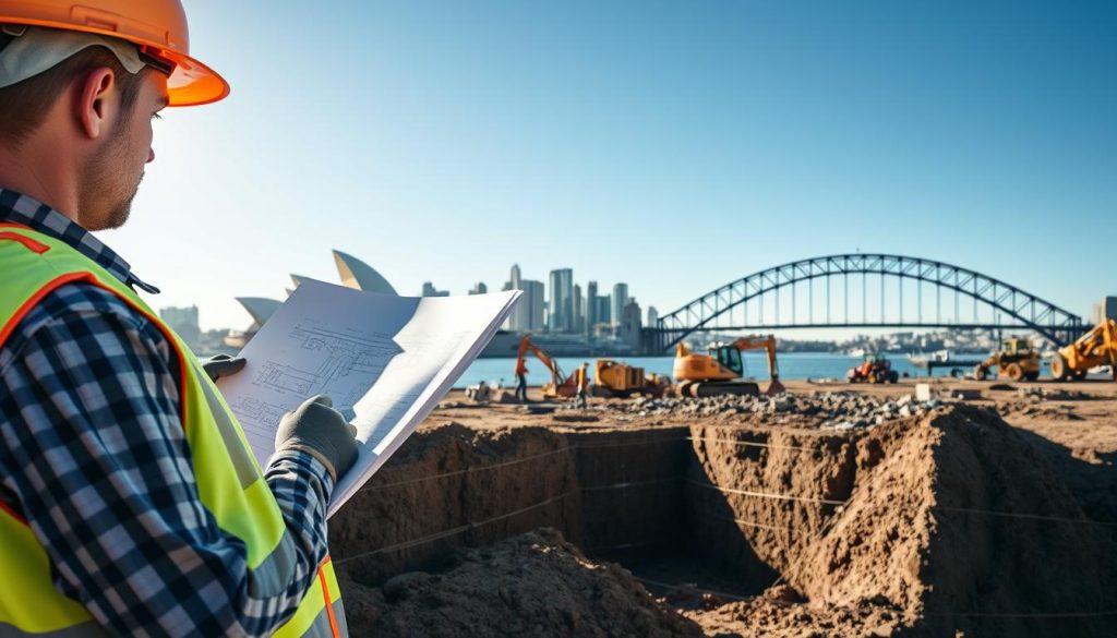 A detailed and professional depiction of underpinning work in Sydney. In the foreground, a construction worker in a hard hat and safety vest examines a technical blueprint at a construction site. The middle ground showcases the underpinning process, with a reinforced foundation being excavated with heavy machinery and workers diligently operating tools. The background features iconic Sydney skyline elements, like the Sydney Opera House and Harbour Bridge, subtly visible under a clear blue sky. The lighting is natural, emphasizing the urgency and professionalism of foundation repairs. The atmosphere conveys a sense of dedication and precision, reflecting the complexities and costs associated with underpinning projects.