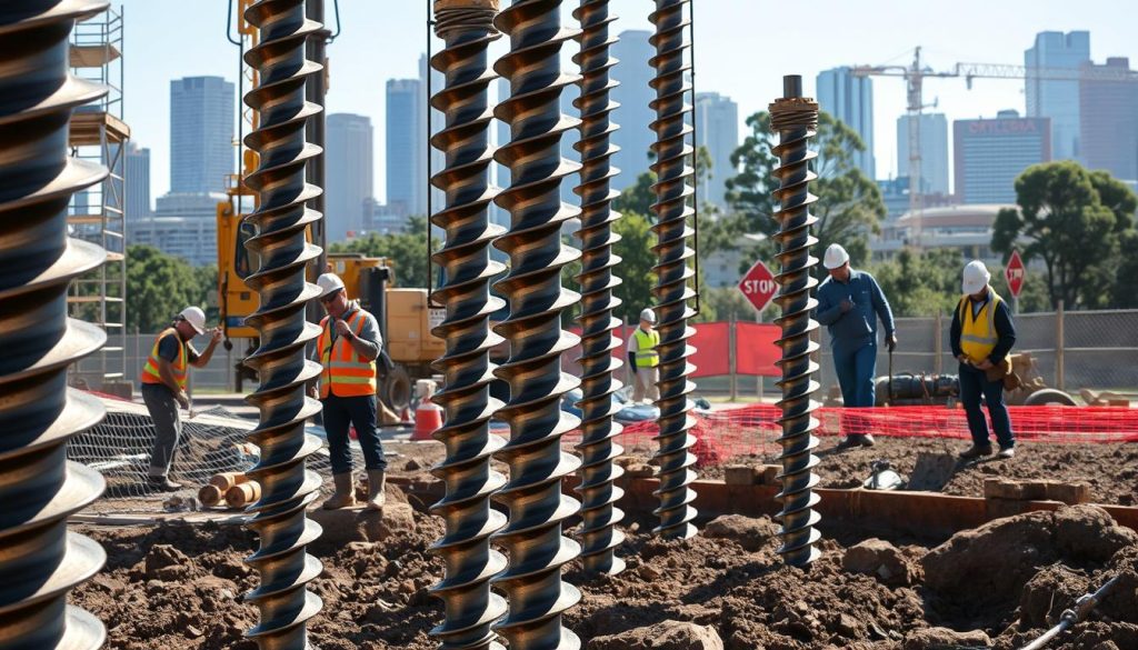 A detailed construction site featuring screw pile foundations. In the foreground, several large, metallic screw piles are being installed into the ground by workers in professional work attire, examining their tools and equipment. The middle ground shows the installation machinery, with hydraulic drills and safety barriers in place. The background includes an urban skyline of Sydney, partially obscured by construction scaffolding and trees, indicating an active building project. The lighting is bright, suggesting a clear, sunny day, enhancing the industrial mood. The image is captured from a low angle to emphasize the towering pile foundations against the cityscape, showcasing their importance in foundation solutions. The overall atmosphere conveys the precision and expertise involved in screw piling. A detailed construction site featuring screw pile foundations. In the foreground, several large, metallic screw piles are being installed into the ground by workers in professional work attire, examining their tools and equipment. The middle ground shows the installation machinery, with hydraulic drills and safety barriers in place. The background includes an urban skyline of Sydney, partially obscured by construction scaffolding and trees, indicating an active building project. The lighting is bright, suggesting a clear, sunny day, enhancing the industrial mood. The image is captured from a low angle to emphasize the towering pile foundations against the cityscape, showcasing their importance in foundation solutions. The overall atmosphere conveys the precision and expertise involved in screw piling.