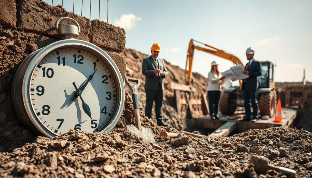 A detailed construction site showcasing the concept of "time" in the context of foundation repair. In the foreground, a sturdy clock made of reinforced steel is partially embedded in the earth, symbolizing the time spent on repairs. Surrounding it, construction tools like shovels and hammers are scattered, hinting at the work involved. In the middle ground, professionals in hard hats, dressed in business attire, discuss project timelines, referencing blueprints. The background features a partially excavated foundation, with heavy machinery and a clear sky overhead, suggesting a busy, productive atmosphere. The lighting is bright and natural, capturing the midday sun, adding a sense of urgency and focus to the scene. This image evokes feelings of determination and progress in the face of potential disruption.