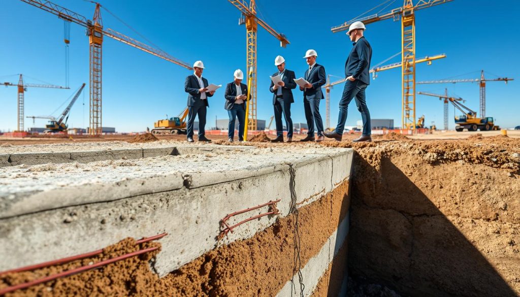 A detailed construction site showing a team of engineers and construction workers in professional attire inspecting building foundations. In the foreground, focus on a section of exposed foundation with concrete pilings, rebar, and soil layers, highlighting the structural integrity. The middle ground features workers measuring and discussing safety protocols, with blueprints and documentation materials. In the background, a clear blue sky complements the scene, while cranes and construction equipment subtly indicate ongoing work. The lighting emphasizes the bright day with shadows cast by the structures, creating a professional and industrious atmosphere. The angle should capture an overhead perspective, giving a comprehensive view of the foundation and the compliance measures taken by the team.