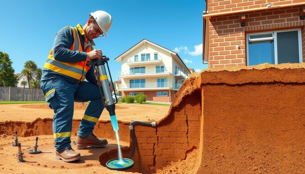 A detailed illustration of a resin injection underpinning process in a construction setting. In the foreground, show a construction worker in professional attire, carefully injecting resin into the ground beneath a foundation. The worker should be holding specialized equipment, with a focus on the resin flow. In the middle ground, depict a partially excavated foundation with visible cracks and supports. In the background, illustrate a residential building in Sydney, highlighting its architectural elements. The scene should be well-lit with daylight, creating a clear view of the processes. Capture a sense of professionalism and precision in the air, evoking confidence in modern construction techniques. Use a wide-angle lens for an immersive perspective.