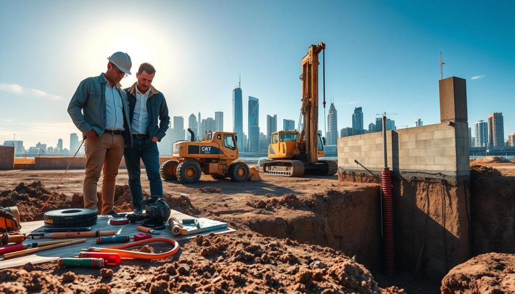 A detailed illustration of advanced foundation repair techniques, showcasing a construction site in Sydney. In the foreground, a team of two professionals in smart casual clothing examines soil samples, with a variety of tools like soil probes and measuring devices spread out on a table. In the middle ground, large machinery, such as hydraulic jacks and drilling equipment, is actively engaged in foundational work, alongside a partially exposed foundation wall. The background features Sydney's skyline with a clear blue sky, creating a striking contrast with the construction scene. Soft, natural lighting illuminates the site, enhancing the mood of innovation and professionalism. The angle captures a dynamic perspective, making the viewer feel immersed in the technical processes at play, reflecting a commitment to quality structural solutions tailored to specific soil types.