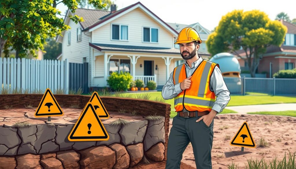 A detailed illustration of warning signs related to restumping, set in a suburban Sydney environment. In the foreground, include a variety of visible signs such as cracked walls, uneven floors, and sinking foundations, emphasizing their subtlety and severity. In the middle ground, depict a professional wearing a hard hat and safety vest examining the signs, portrayed with a look of focus and concern. The background should feature a typical Sydney home, showcasing its foundation and landscape, under natural daylight that creates a bright yet serious atmosphere. Use a shallow depth of field to keep the focus on the warning signs and the professional while softly blurring the background, conveying a sense of urgency to act.