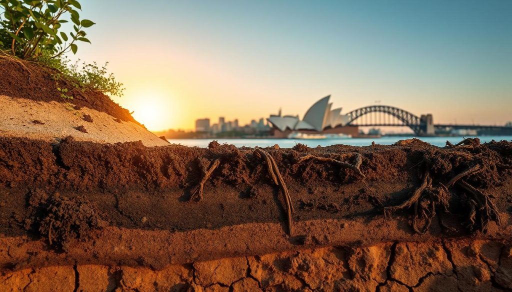 A detailed image of Sydney soil conditions, showcasing layers of compacted earth with varying textures, colors, and moisture levels. In the foreground, a close-up view of rich, dark clay mixed with lighter sandy soil, highlighting cracks and moisture retention. The middle ground features uprooted vegetation and soil erosion patterns indicative of instability. In the background, a skyline of Sydney with a hazy sunset casting warm, golden light, creating shadows on the ground. The atmosphere reflects concern, emphasizing the risks of foundation failure due to poor soil conditions. The composition captures a wide-angle perspective, enhancing the depth of the scene while focusing on the intricate soil layers. No human subjects or text present.