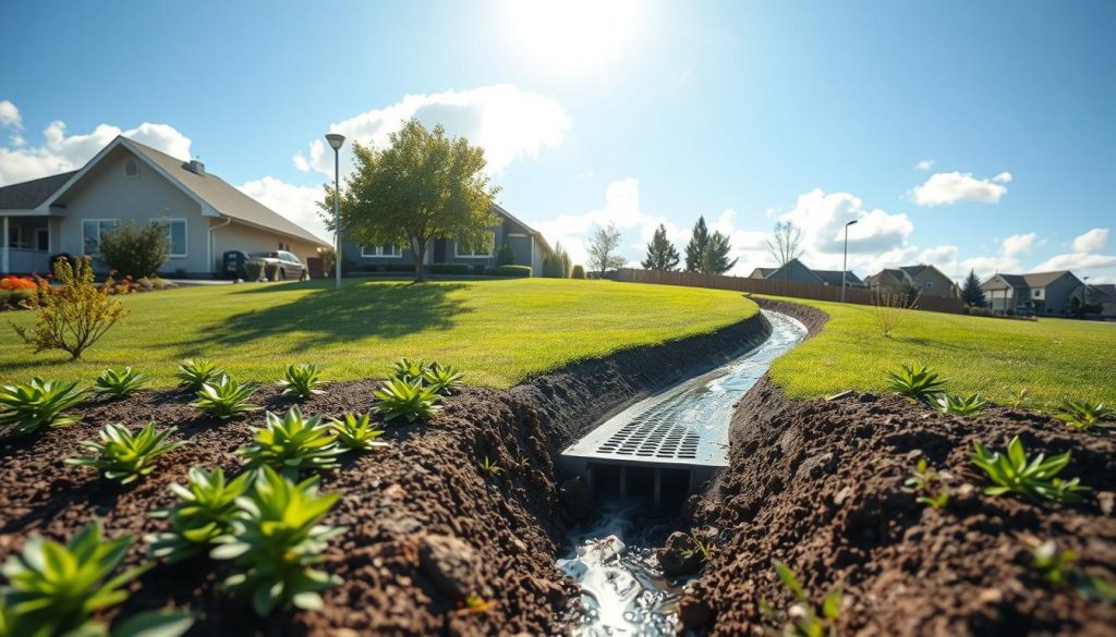 A detailed landscape showcasing an effective drainage system in a residential area experiencing reactive clay soil issues. In the foreground, visualize a well-maintained garden with neatly arranged plants surrounding a drainage trench, illustrating water flow. The middle ground features a sloped yard leading to a drainage grate, with clear water visibly flowing away from the property. In the background, depict a bright blue sky with soft, fluffy clouds and a few distant trees to create a serene atmosphere. The lighting is warm and inviting, suggesting a late afternoon sun. Use a wide-angle lens to capture the depth of the drainage system's effectiveness while maintaining focus on the beauty of the landscape. The overall mood is one of tranquility and good management of moisture around the property.