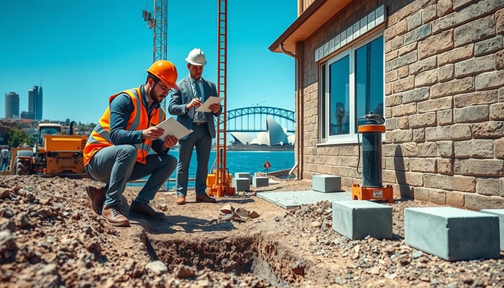 A detailed scene depicting a Sydney construction site focused on underpinning work, showcasing a team of professionals in business attire inspecting the foundation of a residential building. In the foreground, a construction worker is kneeling beside an exposed foundation, examining soil samples, while another professional stands nearby, holding a tablet with structural plans. The middle ground features heavy machinery like a hydraulic jack and underpinning materials like concrete blocks being carefully positioned. In the background, the iconic Sydney skyline can be observed, with clear blue skies and the Sydney Opera House in view. The lighting is bright and natural, highlighting the details of the construction site and creating an atmosphere of industrious professionalism and structural integrity. The scene captures the essence of careful planning and transparent pricing in foundation work.
