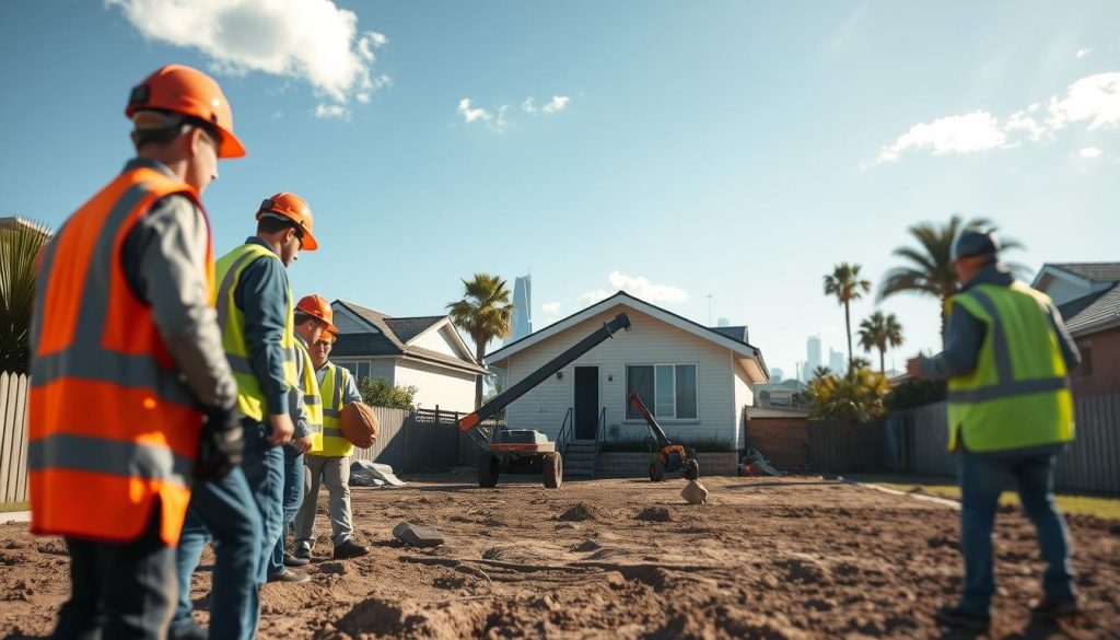 A detailed scene of a house levelling process in a suburban Sydney setting. In the foreground, a professional team dressed in safety gear, including hard hats and reflective vests, inspects a slightly uneven residential home with visible cracks in the foundation. In the middle ground, heavy machinery like jacks and leveling tools is actively being used on the property, demonstrating the process of lifting and stabilizing the house. The background features characteristic Sydney architecture with palm trees and the iconic skyline in soft focus, under a bright blue sky with a few fluffy clouds. The lighting is natural and bright, highlighting the urgency and professionalism of the work being done. The atmosphere conveys a sense of care and precision, reflecting the importance of structural preservation.