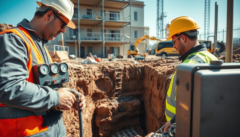 A detailed scene showcasing a resin injection underpinning process at a construction site. In the foreground, a professional construction worker in safety gear and a hard hat is carefully operating a resin injection machine, monitoring gauges with focused concentration. In the middle ground, an excavation reveals the foundation being treated with resin, showcasing the flow and application process clearly. Surrounding this, tools and materials are neatly arranged, indicating a systematic approach. The background features a partially visible building structure, with scaffolding and machinery, bathed in natural daylight to create a bright, industrious atmosphere. The angle captures both the depth of the excavation and the scale of the operation, evoking a sense of professionalism and expertise in underpinning techniques.