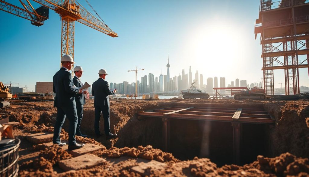 A detailed view of a construction site, focusing on structural integrity during foundation underpinning. In the foreground, a team of professional engineers in business attire examines plans and monitors machinery. The middle ground shows a partially excavated foundation, with reinforced steel beams and support structures visibly integrated, symbolizing safety and compliance. In the background, a city skyline of Sydney under a clear blue sky highlights progress. Soft, diffused sunlight filters through, creating a warm and optimistic atmosphere. The shot is taken with a slight low angle to emphasize the towering buildings and the importance of sturdy construction practices.