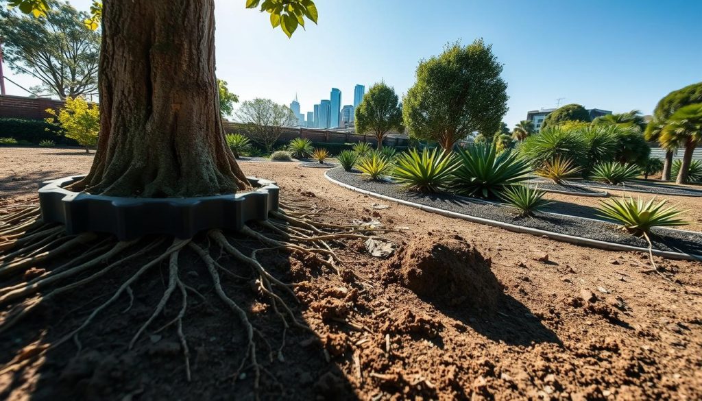 A detailed view of a root barrier installation site in Sydney, showcasing a robust, vertical root barrier made of durable polymer material embedded in rich soil. In the foreground, include a close-up of the barrier, with roots of nearby trees visibly diverted and contained by the barrier. In the middle ground, depict a well-manicured garden area, highlighting the contrast between the roots and the barrier, with native Australian plants surrounding the site. In the background, illustrate a clear Sydney skyline under a bright, sunny sky, casting soft shadows on the ground. Use natural lighting to emphasize texture and depth, and capture the scene from a slight low-angle perspective to convey the significance of the installation. The mood should be professional and informative, reflecting the importance of proper landscaping solutions. A detailed view of a root barrier installation site in Sydney, showcasing a robust, vertical root barrier made of durable polymer material embedded in rich soil. In the foreground, include a close-up of the barrier, with roots of nearby trees visibly diverted and contained by the barrier. In the middle ground, depict a well-manicured garden area, highlighting the contrast between the roots and the barrier, with native Australian plants surrounding the site. In the background, illustrate a clear Sydney skyline under a bright, sunny sky, casting soft shadows on the ground. Use natural lighting to emphasize texture and depth, and capture the scene from a slight low-angle perspective to convey the significance of the installation. The mood should be professional and informative, reflecting the importance of proper landscaping solutions.