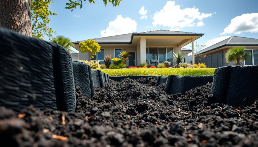 A detailed view of engineered root barriers installed in a suburban landscape. In the foreground, showcase sturdy, dark, textured plastic barriers set deep within rich, dark soil, preventing the roots of nearby trees from infiltrating the property. In the middle, a well-maintained garden with vibrant plants, shrubs, and a clearly defined boundary created by these barriers. In the background, a clean and modern Australian home under bright, natural daylight with blue skies and a few fluffy clouds. Capture the scene from a low angle to emphasize the height of the barriers against the house, creating a sense of depth. The mood is peaceful and protective, highlighting the importance of safeguarding infrastructure. A detailed view of engineered root barriers installed in a suburban landscape. In the foreground, showcase sturdy, dark, textured plastic barriers set deep within rich, dark soil, preventing the roots of nearby trees from infiltrating the property. In the middle, a well-maintained garden with vibrant plants, shrubs, and a clearly defined boundary created by these barriers. In the background, a clean and modern Australian home under bright, natural daylight with blue skies and a few fluffy clouds. Capture the scene from a low angle to emphasize the height of the barriers against the house, creating a sense of depth. The mood is peaceful and protective, highlighting the importance of safeguarding infrastructure.