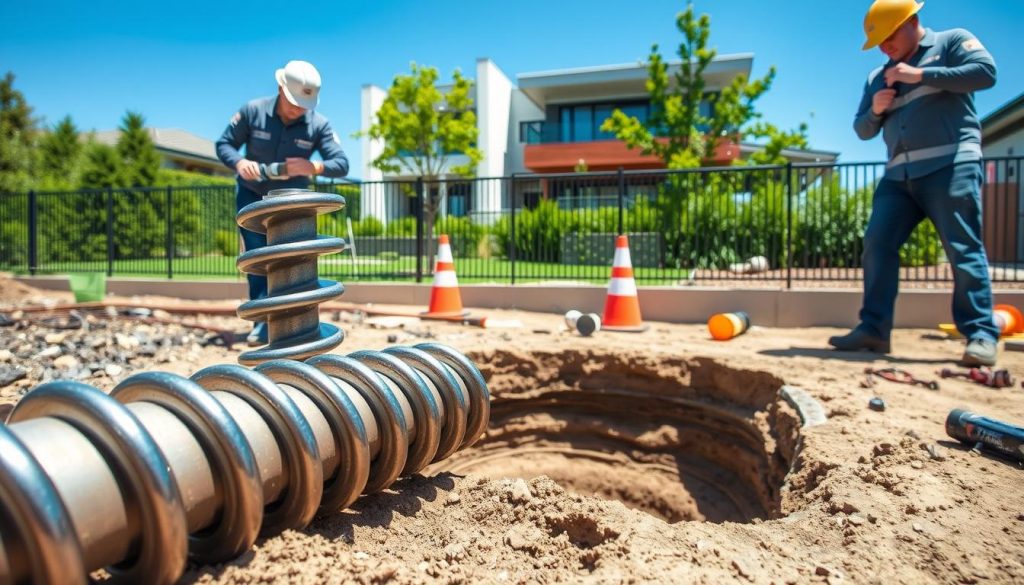 A detailed view of screw piers being installed in a residential setting in Sydney, showcasing a construction site with two workers in professional attire carefully aligning the piers. In the foreground, focus on the metallic screw pier, its spiral design glimmering under natural sunlight, while one worker operates a hydraulic torque motor to drive the pier into the ground. In the middle ground, display a partially excavated area revealing soil layers, with safety cones and tools scattered around. The background features a modern Sydney home, partially visible behind a fence, incorporating lush greenery to highlight the residential aspect. The scene is bright and clear, with a crisp blue sky, evoking a sense of productivity and professional competence in foundation installation.