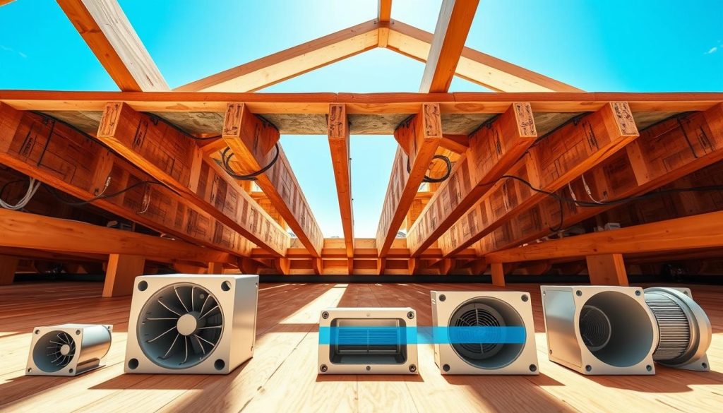 A detailed view of subfloor ventilation systems installed in a residential home in Sydney. In the foreground, illustrate various ventilation vents with cross-sections showing airflow and moisture control features. The middle ground should depict the wooden subfloor structure, showcasing its elevation and insulation elements. In the background, a clear blue sky is visible through an open crawl space, enhancing the atmosphere of safety and healthy airflow. Use bright, natural lighting to emphasize cleanliness and functionality, captured with a slightly angled perspective to highlight depth. The scene should convey a mood of security and reliability, indicative of engineered solutions for moisture management in homes. No people present; ensure a pristine and professional presentation. A detailed view of subfloor ventilation systems installed in a residential home in Sydney. In the foreground, illustrate various ventilation vents with cross-sections showing airflow and moisture control features. The middle ground should depict the wooden subfloor structure, showcasing its elevation and insulation elements. In the background, a clear blue sky is visible through an open crawl space, enhancing the atmosphere of safety and healthy airflow. Use bright, natural lighting to emphasize cleanliness and functionality, captured with a slightly angled perspective to highlight depth. The scene should convey a mood of security and reliability, indicative of engineered solutions for moisture management in homes. No people present; ensure a pristine and professional presentation.