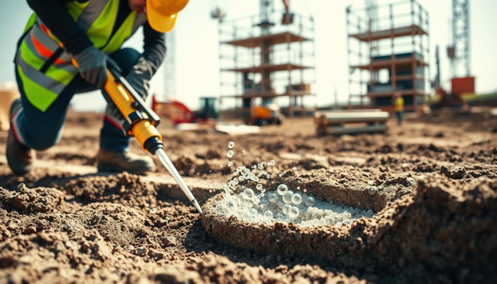 A dynamic construction scene showcasing polyurethane resin injection for ground strengthening. In the foreground, a professional technician in safety gear, such as a hard hat and reflective vest, is carefully injecting resin into the ground using specialized equipment. The middle of the image features a freshly injected section of soil expanding and solidifying, with visible bubbles indicating the resin's activation. In the background, a construction site with machinery and scaffolding can be seen under bright, natural daylight, creating a sense of an active work environment. The focus is sharp on the technician and the resin application while the background is slightly blurred to emphasize the process. Overall, capture a mood of innovation and professionalism in structural engineering.