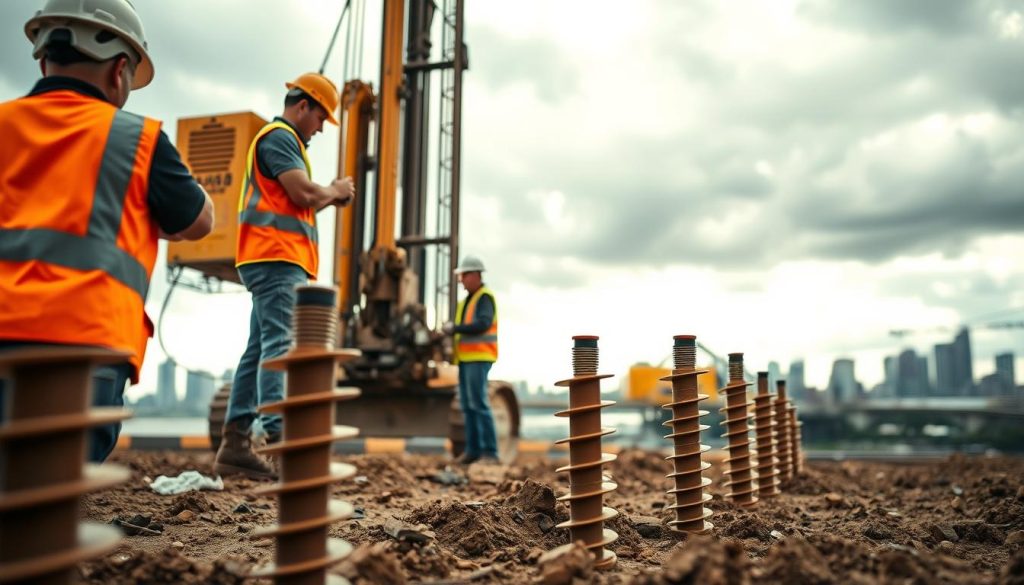 A dynamic construction site scene showcasing various foundation solutions beyond screw piling. In the foreground, a set of helical piers being installed by two engineers in hard hats and safety vests, demonstrating teamwork and professionalism. The middle ground features an advanced drilling machine capturing the intricate process of foundation installation. The background reveals a skyline of Sydney, with cloudy skies and soft natural light filtering through, creating a sense of hope and progress. The scene is framed with a slightly low-angle perspective, emphasizing the engineers' engagement with the machinery, highlighting safety and compliance in construction practices. The overall mood is one of innovation and stability, reflecting the importance of effective foundation solutions in infrastructure.