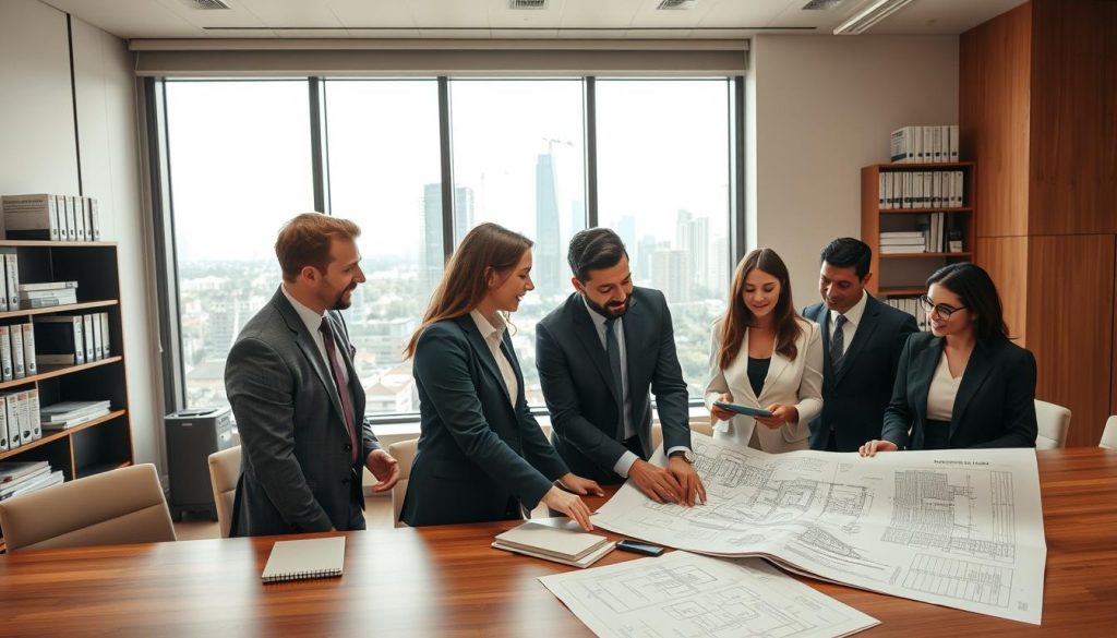 A modern office environment with a conference table in the foreground, featuring diverse professionals in smart business attire engaged in a discussion over a large set of architectural blueprints and approval documents. In the middle ground, a large window shows a view of Sydney's skyline with construction sites visible, symbolizing growth and development. In the background, shelves display regulatory books and compliance guides, emphasizing the importance of approvals. Soft, natural lighting floods the room, creating a warm and focused atmosphere, while a slightly elevated angle captures the collaborative spirit of the team. The image should exude professionalism and the necessity of collaboration in navigating the approval process for building projects.