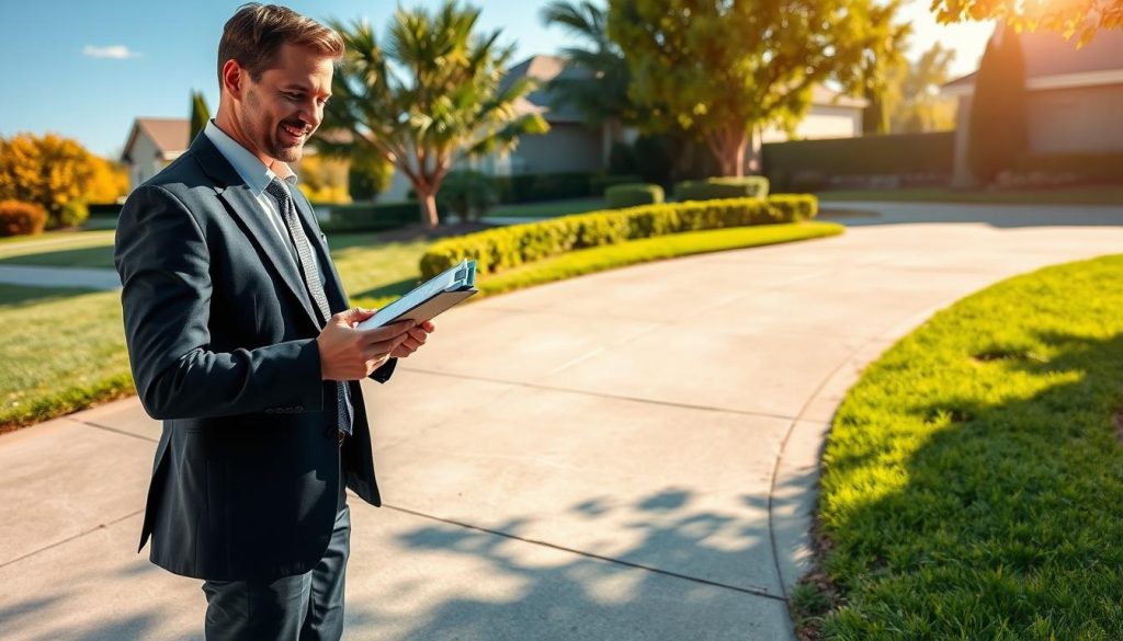 A professional assessment scene in a suburban driveway, depicting a friendly and knowledgeable technician examining a sunken concrete driveway. In the foreground, the technician is dressed in smart business attire, using a clipboard and measuring tools for evaluation. The middle area showcases the driveway with visible cracks and a slight incline, surrounded by lush green grass and neatly trimmed hedges. In the background, a bright blue sky and soft sunlight create a warm and inviting atmosphere, highlighting the professionalism and expertise of the service. The angle is slightly elevated to capture the overall scene effectively, ensuring the focus remains on the technician and the driveway's condition.