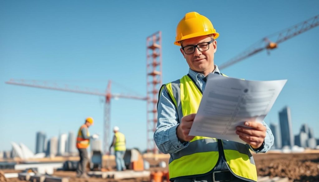 A professional scene depicting a certified compliance inspection at a construction site in Sydney. In the foreground, an inspector in a high-visibility vest and hard hat is holding a compliance checklist, examining the site carefully. In the middle ground, construction workers in professional attire are engaged in safe void filling activities, surrounded by well-organized equipment. The background features a clear blue sky and the iconic Sydney skyline, providing context. Soft, natural lighting highlights the safety measures in place, creating a reassuring atmosphere of professionalism and compliance. The lens captures a dynamic angle, emphasizing the importance of safe and council-compliant practices in construction.