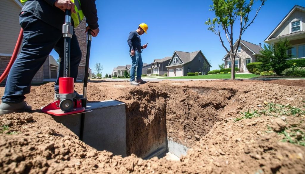 A professional scene depicting underpinning services for foundation repair. In the foreground, skilled workers in professional attire are using hydraulic jacks to lift a section of a home’s foundation, ensuring precision and compliance with building regulations. The middle ground showcases a partially excavated trench filled with concrete and steel reinforcements, emphasizing structural integrity. In the background, a clear blue sky contrasts with a well-maintained residential neighborhood, highlighting the importance of safe foundations. Soft, natural sunlight illuminates the scene, casting gentle shadows and creating a serene, organized atmosphere. The image should evoke trust and professionalism, showcasing the expertise in structural solutions while maintaining a clear focus on the underpinning process.