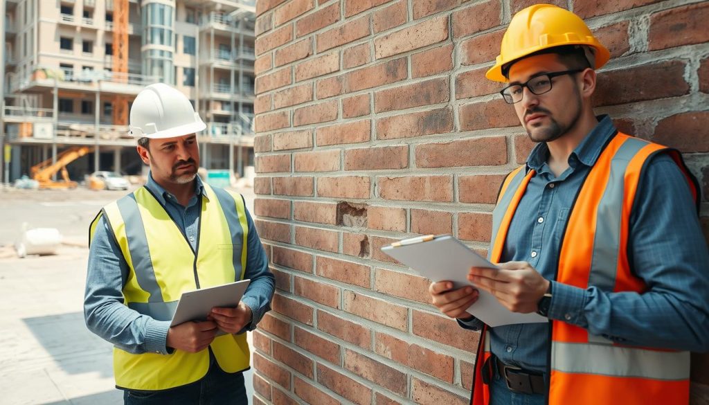 A professional site inspection in an urban setting, showcasing a structural engineer examining a wall crack. In the foreground, the engineer is wearing a hard hat and safety vest, actively documenting notes on a clipboard. The middle ground features a brick wall with visible cracks, showcasing signs of wear and structural integrity issues. In the background, a construction site with machinery and scaffolding conveys an active work environment. The scene is illuminated by natural daylight, casting soft shadows that enhance the details of the wall and the engineer's focused expression. The mood is serious and professional, emphasizing the importance of thorough assessments in structural preservation. The angle captures a slightly low perspective, accentuating the wall's prominence and the engineer's dedication to their work.