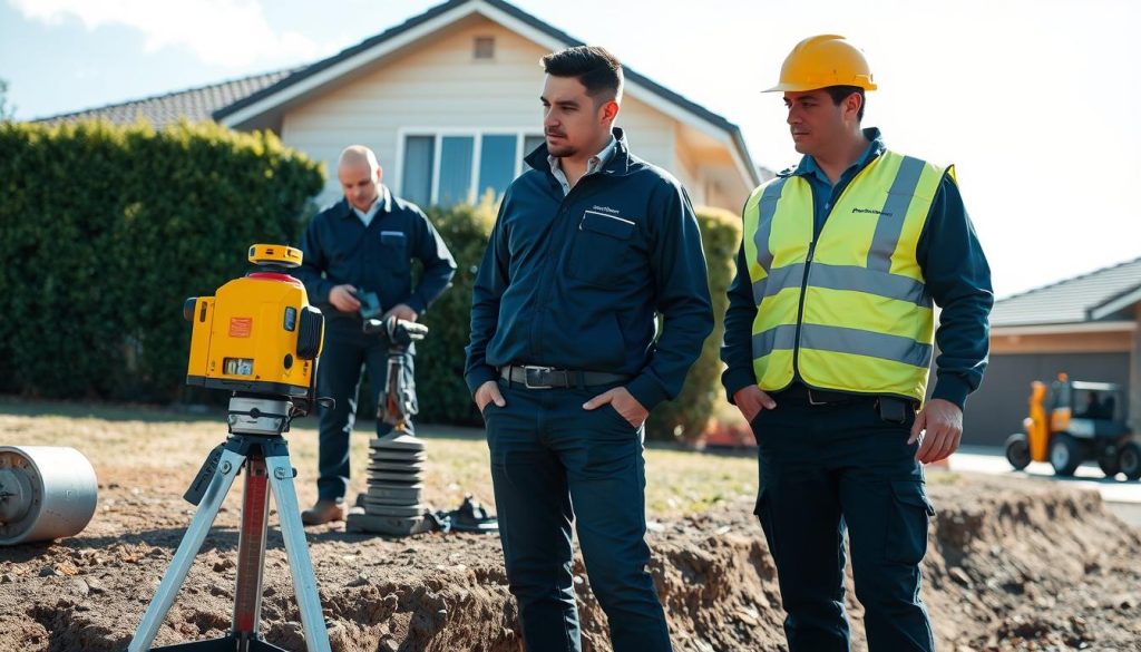 A professional team of foundation repair specialists wearing smart uniforms is inspecting a residential property's foundation in the Sydney Eastern Suburbs. In the foreground, one technician uses a laser level while another discusses findings, both focused and engaged. The middle ground features machinery like a hydraulic jacking system, showcasing the technology used for underpinning. The background shows a well-maintained home with a clear blue sky, symbolizing reliability and safety. Soft natural light illuminates the scene, creating a bright and inviting atmosphere. The image captures a sense of professionalism, trustworthiness, and compliance, reflecting licensed and insured foundation services.