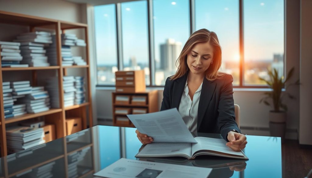 A professional workspace showcasing a compliance certification foundation. In the foreground, a confident businesswoman in a tailored suit reviews documents on a sleek desk, with certification papers clearly visible. The middle ground features a modern office environment with shelves of compliance manuals, a large window letting in soft natural light, illuminating the scene with a warm, inviting glow. In the background, a cityscape view of Sydney's Northern Beaches through the window, symbolizing the article's connection to the locale. The atmosphere is one of professionalism and reliability, with a slight blur on the background for focus, captured from a slight angle that enhances the depth of the image.
