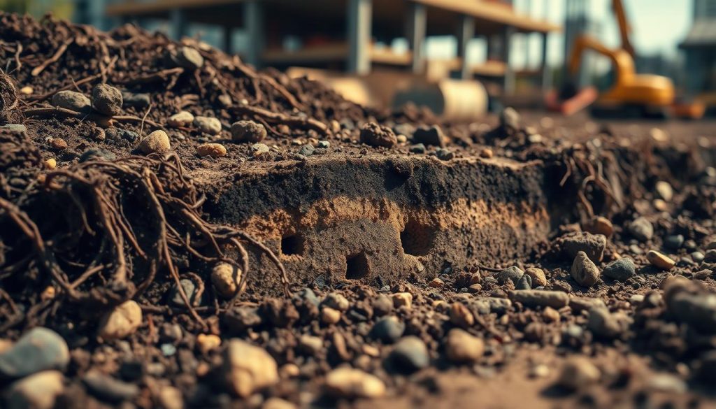 A rich, detailed close-up image of various soil layers showcasing their textures and colors, including dark brown topsoil, light brown subsoil, and clay. In the foreground, small stones and roots intertwine with the soil, highlighting its organic composition. In the middle ground, a cross-section demonstrates voids and pockets indicating areas of instability, subtly reflecting common issues in Sydney soils. The background features a blurred outline of a construction site with machinery, symbolizing urban development. The lighting is soft and natural, creating an earthy and grounded atmosphere, with warm tones that evoke a sense of resilience in the face of challenges. The angle is slightly tilted, providing a dynamic view of the soil layers while maintaining focus on the textures.