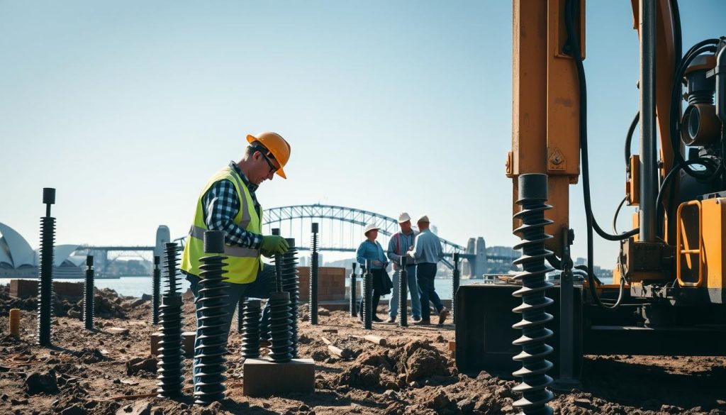 A scene depicting a team of professional screw piling contractors at work in Sydney, focusing on their specialized equipment. In the foreground, a contractor in a hard hat and safety vest examines screw piles, while another operates a hydraulic screw piling machine, expertly anchoring the piles into the ground. The middle ground showcases partially erected foundations, with workers engaged in discussions. The background features Sydney’s skyline, with the famous Sydney Opera House and Harbour Bridge visible under a clear blue sky. The lighting is bright and natural, emphasising the precision of the work. The atmosphere is industrious and focused, reflecting a professional environment. A scene depicting a team of professional screw piling contractors at work in Sydney, focusing on their specialized equipment. In the foreground, a contractor in a hard hat and safety vest examines screw piles, while another operates a hydraulic screw piling machine, expertly anchoring the piles into the ground. The middle ground showcases partially erected foundations, with workers engaged in discussions. The background features Sydney’s skyline, with the famous Sydney Opera House and Harbour Bridge visible under a clear blue sky. The lighting is bright and natural, emphasising the precision of the work. The atmosphere is industrious and focused, reflecting a professional environment.