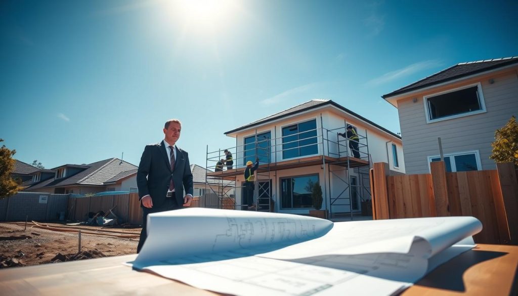 A serene construction site scene capturing a step-by-step process for a second storey extension in a suburban Sydney neighborhood. In the foreground, a professional contractor in business attire is demonstrating planning with blueprints on a table. The middle ground showcases a team of workers carefully installing supports and scaffolding around a modern home. The background reveals a clear blue sky with soft sunlight filtering through, creating a warm and inviting atmosphere. Light shadows fall on the ground, emphasizing the meticulous work being performed. The angle is slightly elevated, providing a clear view of the entire scene while maintaining focus on the teamwork and calm organization essential for a low-disruption construction process.